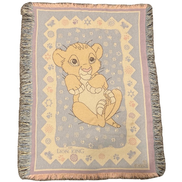 Vintage 90s Disney The Lion King Baby Simba Jacquard Blanket Throw Tapestry Knit